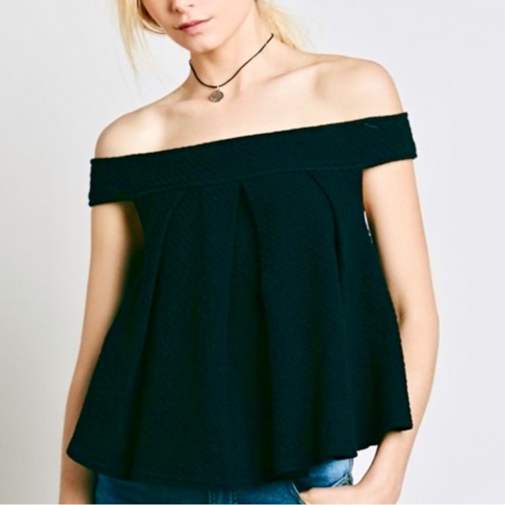 FREE PEOPLE - Black Off the Shoulder Waffle Knit Priscilla Pleated Peplum Top